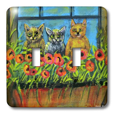 Interrupteur double 3 chats stupides et fleurs rouges 3dRose Lsp_66347_2