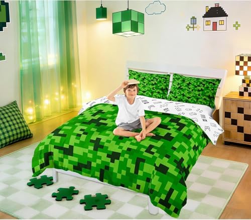 Green Pixelated Miners Duvet Cover Set Double Size Video Games Bedding Set for Kids Boys Girls Teens Room Decor Cartoon Gamepad Comforter Cover Modern Geometric Check Quilt Cover 2 Pillowcases