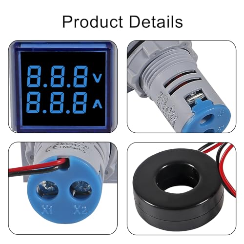 Image of ACEIRMC Blue LED Display Voltmeter, Square Dual Display Voltmeter and Ammeter LED Digital Voltage Gauge AC 60-500V 0-100A Current Meter Indicator (4pcs)