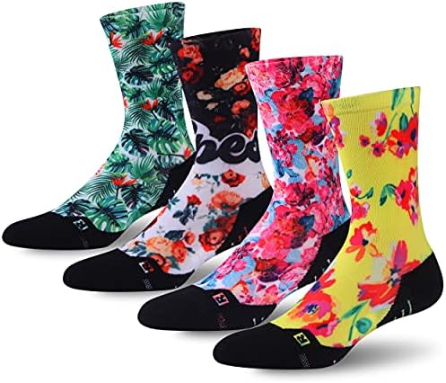 HUSO Cycling Socks, Men's Women's Cool Crazy Floral Crew Mid Calf Novelty Outdoor Hiking Mountain Biking Socks 4 Pairs (Multicolor, L/XL)