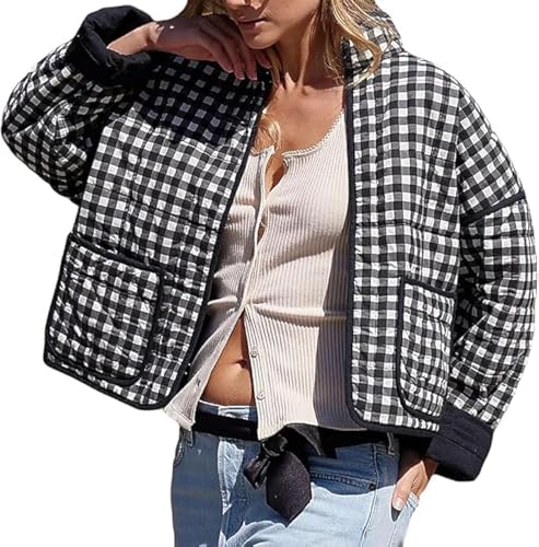 Womens Cropped Floral Puffer Jacket Lightweight Open Front Long Sleeve Padded Quilted Coat with Pockets (Black-S)