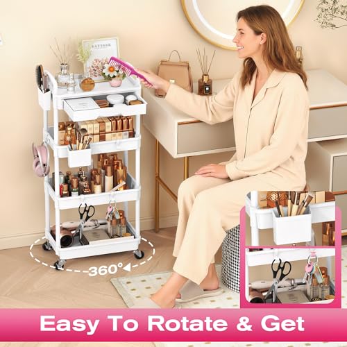 Image of Goovilla Rolling Makeup Organizer Cart with Removable Drawer, 4 Tier Stable White Floor Skincare Storage Cart for Vanity, Cosmetic Display, Nail Polish, Perfume, Hair Stuff, Beauty, Bathroom(Plastic)