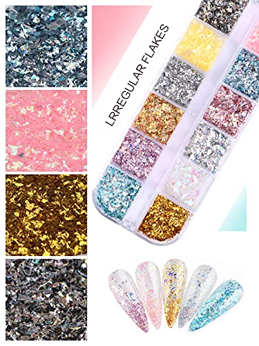 24 Grid Holographic Nail Art Foil Flakes, Ebanku Nail Foil Flakes Glitter Nail Sequins Confetti Gold Silver Irregular Glitter Mirror Effect Acrylic Nail Powders Nail Foil Paillette For Nail Decoration #TOP1