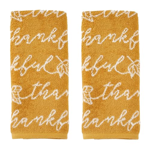 SKL Home Autumn/Fall Thankful Script 100% Cotton Jacquard 2pc Hand Towel Set, Soft & Absorbent, Decorative for Bath/Kitchen/Bar & Gift, Yellow