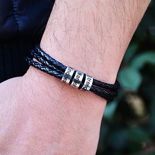 Soulsis Mens Custom Bracelet Personalized Black Braid Leather Bracelets With 4 Names Engraved In Custom Beads Custom Id Bracelet For Men Men's Cuff Bracelets #TOP6