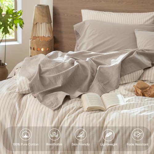 Image of MooMee Bedding Sheet Set 100% Washed Cotton Linen Like Textured Breathable Durable Soft Comfy (Heathered Cream Grey, Full)