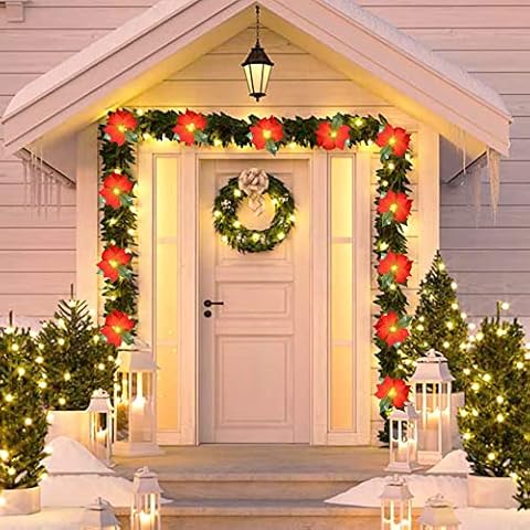 FUCHSUN Led Christmas Poinsettia Garland 14 FT 20 LED Artificial Red Poinsettias Flowers for Christmas Tree Decorations Battery Powered with Timer for Indoor Outdoor Holiday Display Warm White Light Cover