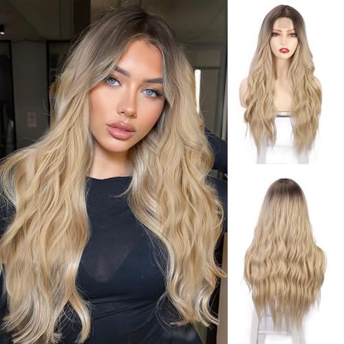 AISI BEAUTY Long Wavy Blonde Wigs for Women 24 Inch Middle Part Curly Wavy Wig Natural Looking Synthetic Heat Resistant Fiber Wavy Wig for Daily Party Use