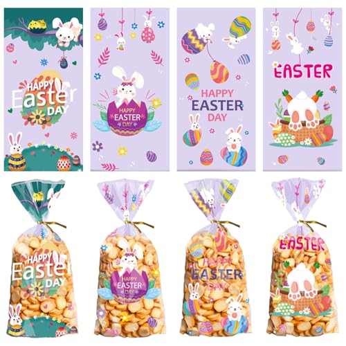 Lodeihoo 50 bolsas transparentes de Pascua, 4 estilos de bolsas de regalo de plástico para dulces de Pascua con 50 lazos trenzados para aperitivos, galletas, embalaje de dulces, suministros de fiesta