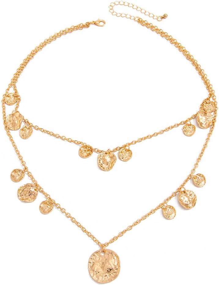 Vintage Layered Gold Hammered Coin Pendant Choker Necklace for Woman Trendy, Charm Silver Round Coin Chain Necklaces Costume Accessories Jewelry Gifts - Image 7