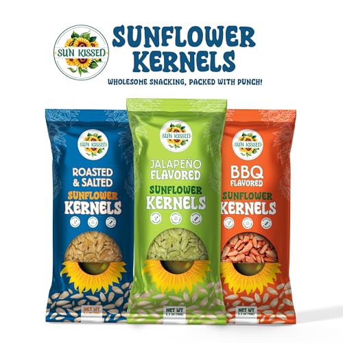Sun-Kissed Sunflower Kernels Variety 6-Pack - Includes 2 Bags Each: Roasted & Salted, Jalapeño, BBQ | Vegan, Gluten-Free, Non-GMO | High Protein Snack | 2.5 oz Bags | Perfect for Sharing