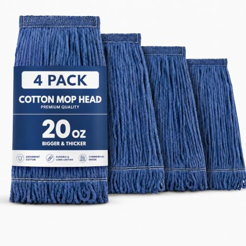 Image of 20oz Heavy Duty Cleaning Mop Head Replacement - 4 Pack - Commercial Replacement, Wet Industrial Blue Cotton Looped End String Head Refill
