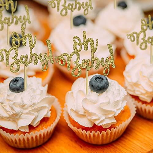 30Pcs Oh Baby Cupcake Toppers Baby Shower Decorations Cghceai Gold Glitter Gender Reveal Cupcake Toppers For Celebrating Baby Shower Boys Girls Birthday Party Supplies #TOP1