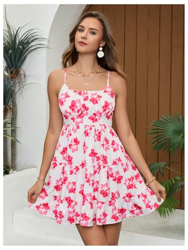 Image of Floerns Women's Swiss Dots Sleeveless Ruched Bust Ruffle Hem Cami Short Dress