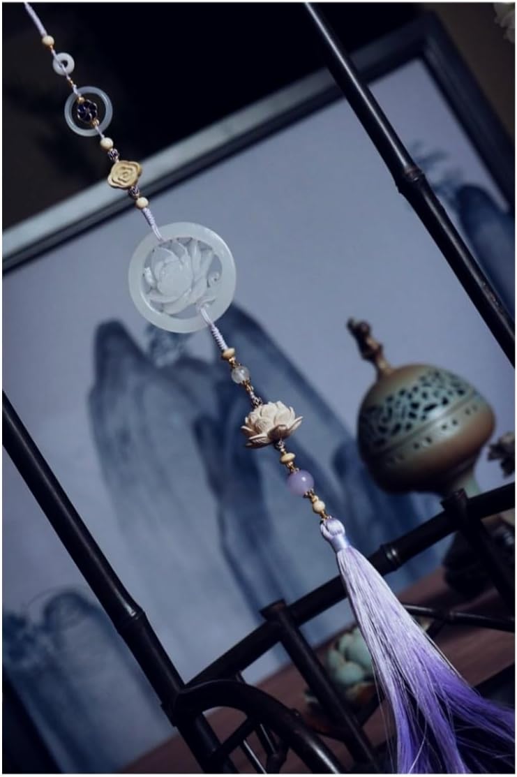 The Untamed Cosplay Prop White Jade Lotus Flower Agate Tassel Waist Pendant, 40cm Long, Purple Tassel