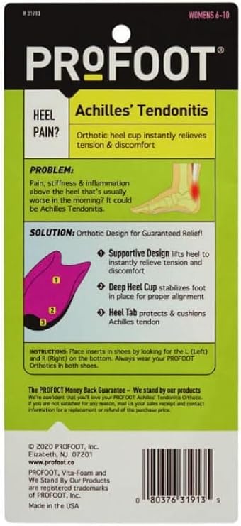 PROFOOT Achilles Tendonitis Orthotic Heel Cup for Women (Sizes 6-10) - Pain Relief Shoe Inserts for Heel Support & Alignment - 1 Pair