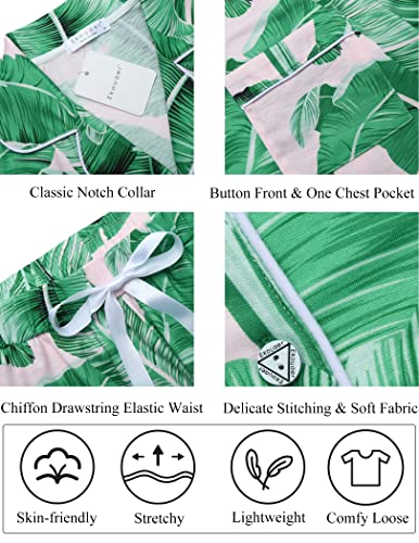 Ekouaer Pajama Set For Women Button Down Nightwear Soft Cotton Sleepwear Pjs 2 Piece Lounge Set,Medium,Green Leaves #TOP3