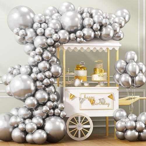 APLANET 150pcs Silver Balloons Different Sizes 18 12 10 5 Inch Latex Balloons for Silver Themed Birthday Wedding Baby Shower Party Grad Anniversary Supplies Arch Kit Decoration