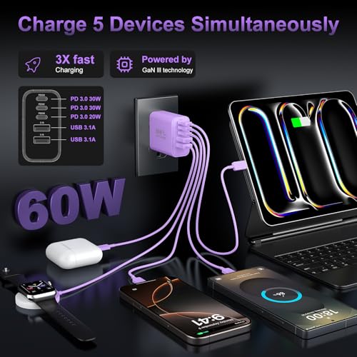 Image of USB C Fast Wall Charger Block, 2Pack 60W USBC Charging Cubes, 5-Port PD+QC Power Adapter Multiport Brick Type C Box Plug for Phone 17 /16 /15 /14 /13 /12 /11 /Pro Max /Plus, Pad Mini /Pro /S25 /S24-Purple