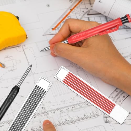 2er Tieflochmarker Bleistift Baustellen Bleistifte, Zimmermannsbleistifte Bohrlochmarker mit 12 Bleistiftminen, Tischler Bleistift Tiefenlochmarker für Schreinerei Baubleistift Handwerker Carpenter
