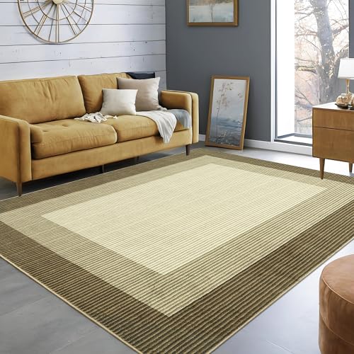 GarveeHome 5x7 Rugs for Bedroom Living Room Machine Washable Rugs Bordered Rug Modern Solid Border Rug Non-Slip Stain Resistant Rug Neutral Accent Carpet for Dining Room Table Apartment Office Brown