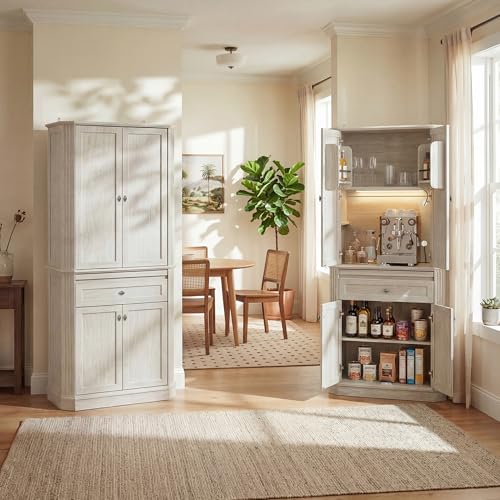 Image of 72.2 inch Tall Kitchen Pantry Cabinet with Doors, Farmhouse Storage Cabinet with Charging Station & LED Light, Drawer, Adjustable Shelves and Pull-Out Shelves, White Wood Pantry Cupboard for Dining Room