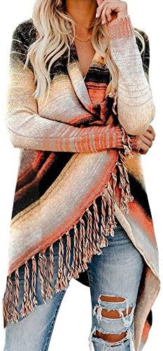 GOLDSTITCHWomen's Open Front Knited Tassels Slash Loose Cardigan Crew Neck Speckled Fringe Sweater Outwear