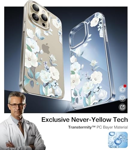 Image of VONZEE Clear Transparent Flower Case for iPhone 15 Pro Max (6.7 Inch) | Shockproof Floral Design Back Cover | PC+TPU Bumper with Full Camera Protection for Girls & Women (Blue)