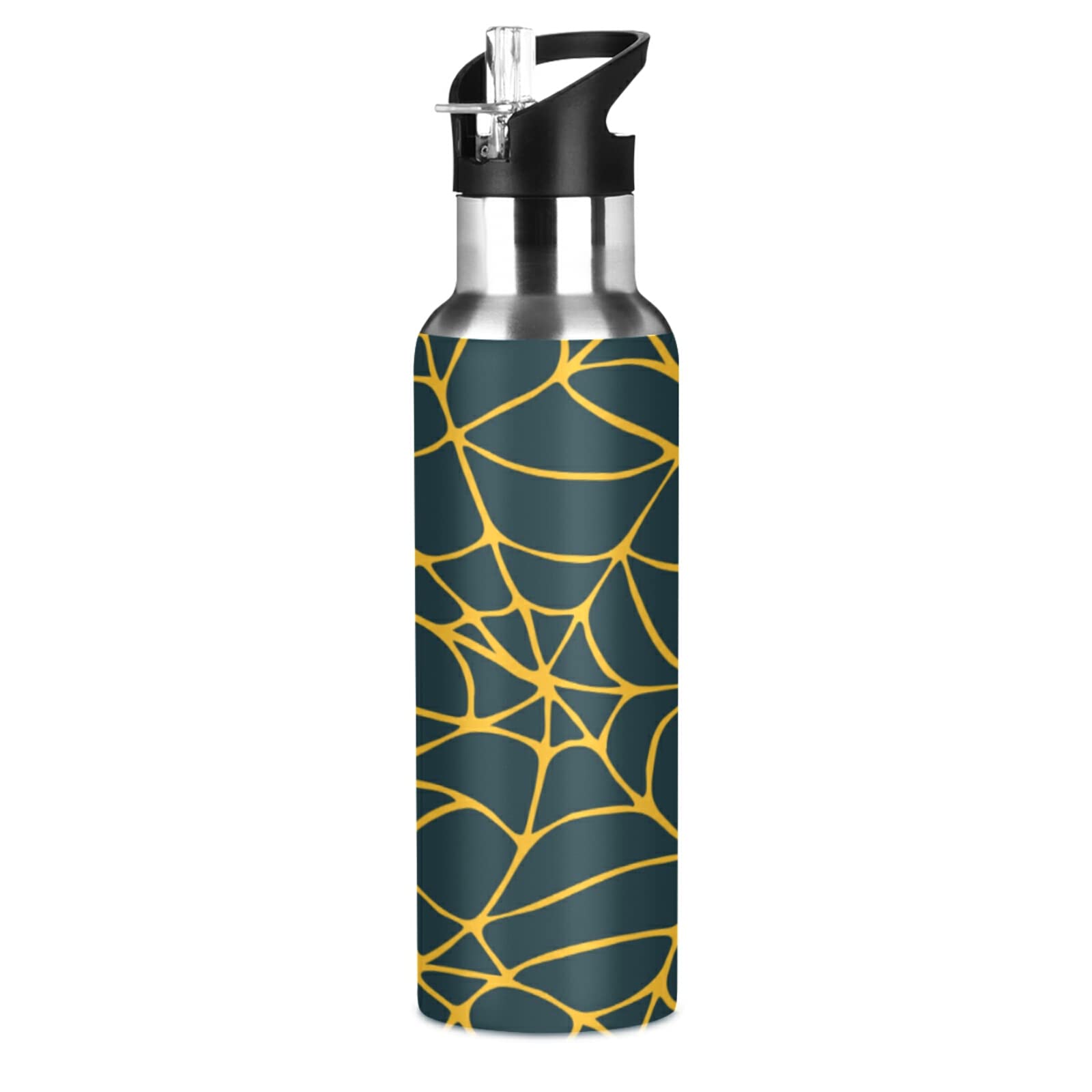 Vnurnrn Halloween Trinkflasche 600ml - Spinnennetz Design, Edelstahl Isoliert, Mit Strohhalm