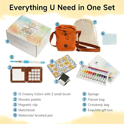 Mini Wooden Watercolor Paint Set, All-in-One Pocket Travel Art Kit: 15-Grid Palette, 12-Color Pigment, Brushes, Sketchbook, Clip, Sponge & Bags- Art Supplies Gift for Beginners & Artists DMCK003 - Image 2