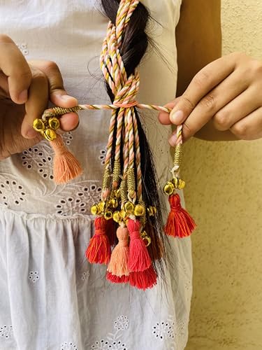 Image of Zippy Flora Handmade Boho Kaner Parandi (Peach) | Traditional Paranda Hair Accessory with Decorative Braid Tassels | Ethnic Hair Extension for Choti & Braided Hairstyles