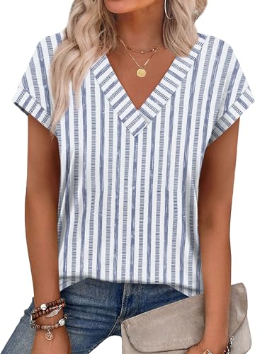 Aokosor T Shirts for Women UK Ladies Summer Tops V Neck Tshirts Women Tee Shirts Short Sleeve Ladies Tops Size 10-12 Blue White Stripe