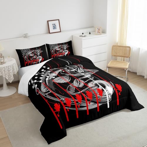 Image of Feelyou American Flag Big Pike Fish Comforter Set Bass Big Bedding Set Toddler Size for Kids Boys Girls Hunting Fishing Comforter Fish Hook Inner Fill Duvet Set 1 Comforter Set with 1 Pillowcase