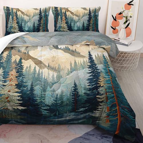 Image of AILONEN Queen Size Comforter Set,Mountains Forest Landscape Art Bedding Set for Room Decor,Lightweight Micorifber Duvet with 2 Pillowcases,3Pcs