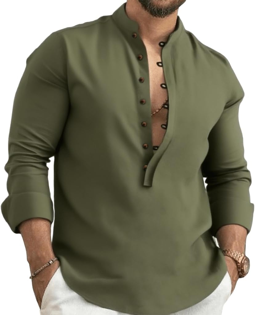 Mens Henley Shirts Casual T Shirt Long Sleeve Banded Collar Button Down Vintage Beach Tops