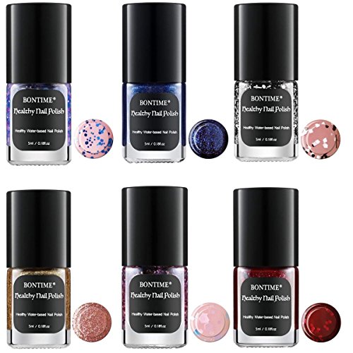 BONTIME Glitter Nail Polish - 100% Non-Toxic for Safe Manicure,90 Seconds Quick Dry & Easy Peel-off Water Based Nail Polish(0.18 fl.oz,Set of 6)