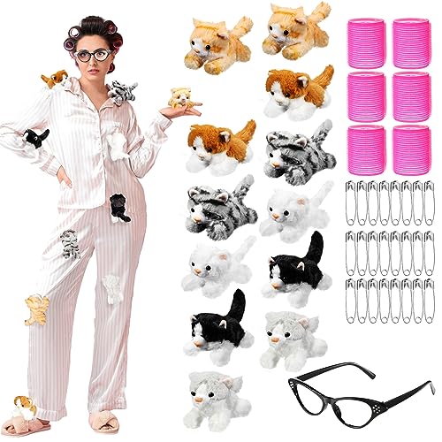 Libima 19 Pcs Halloween Women Costume Accessories Stuffed Cat Kitten Plush Pajamas Set Hair Rollers Curlers and Sunglasses