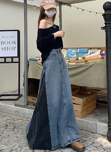 chouyatou Women's Vintage A-Line Maxi Denim Skirt Casual Color Block High Waist Long Jean Skirt2