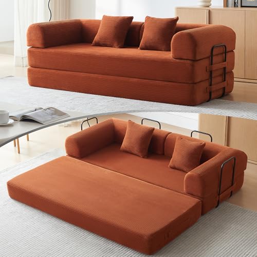 QQR Convertible Sleeper Sofa Bed with Cylindrical Pillow, Modern Corduroy Futon Bed, Modular Sofa...