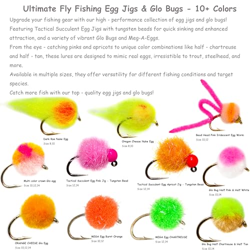 24 Glo Bug, Egg Dry Fly Fishing Lure Assortment | Trout, Steelhead, Salmon Fly Fishing Flies | Size #8, #10, #12, #14