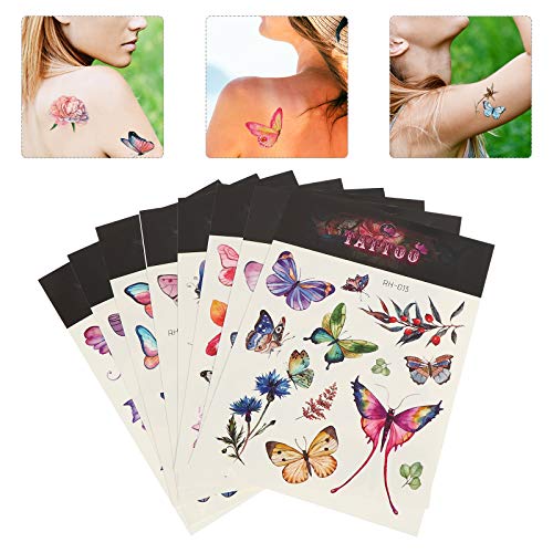 Toyvian 1 conjunto de 8 folhas de adesivos de tatuagens com padrão de borboleta da moda e adesivos d