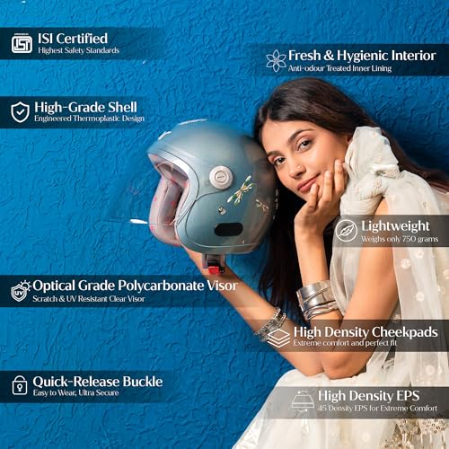 Image of TVARRA Lotus ISI & DOT(USA) Certified Women's Open Face Helmet Design Helmet, Lightweight Material, Crafted for Women, Extreme Comfort fit with Clear Visor