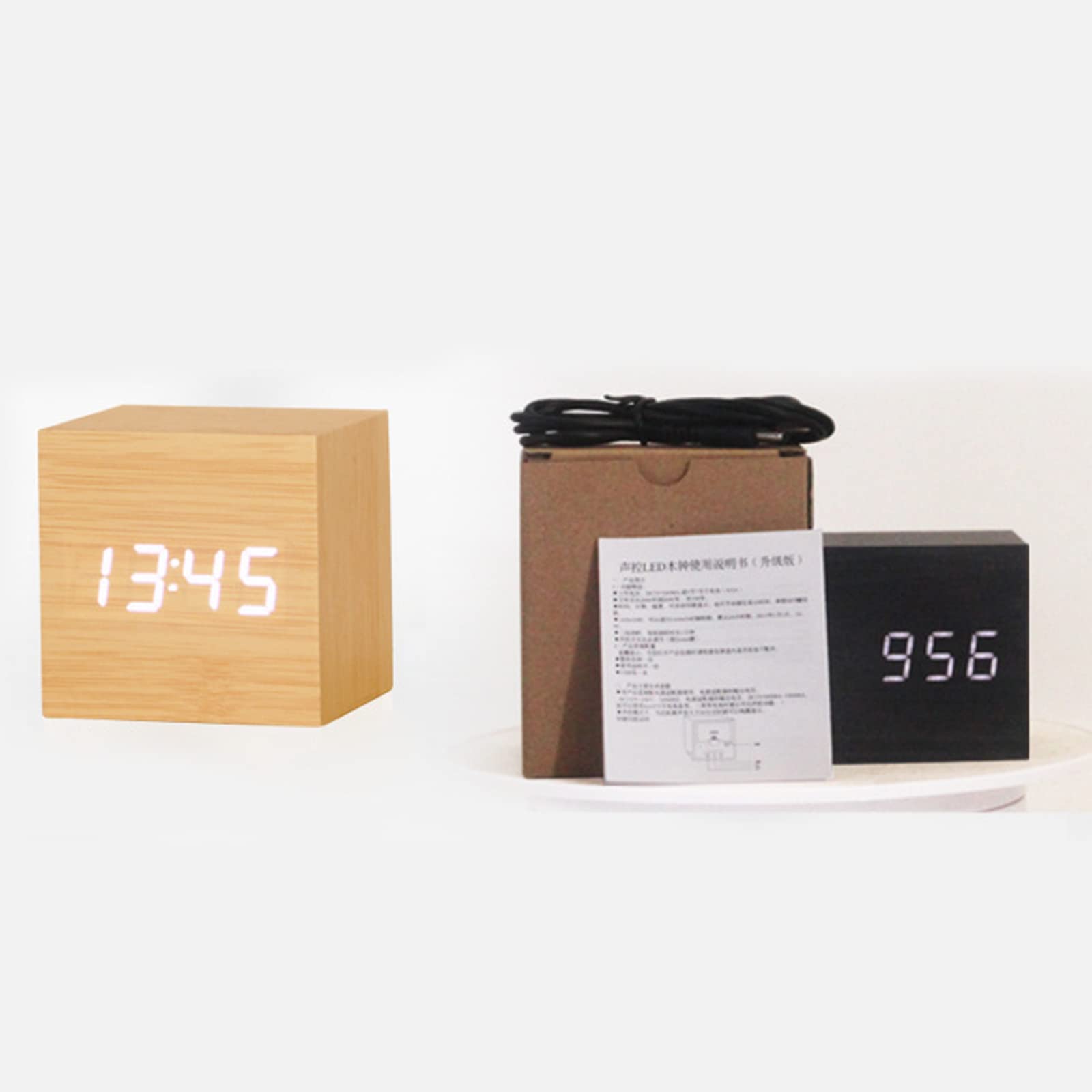 Usb Cube Clock Bedroom Office Table Decoration Wood Cube Voice Control Alarm Clock ...