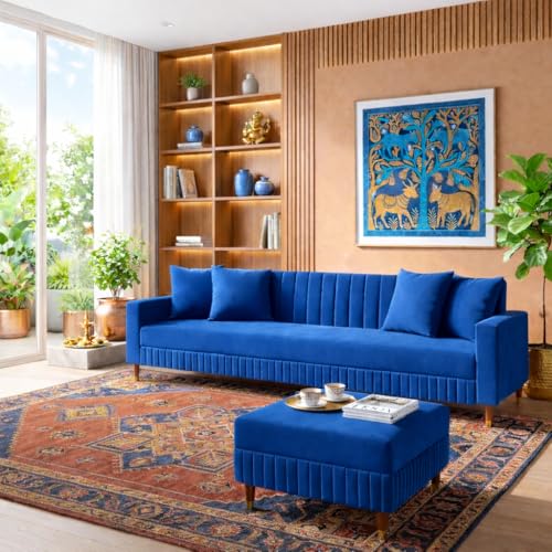 Image of SRMS Solid Wood 4 Seater L Shape Velvet Fabric Sofa Set with Four Cushions | Perfect for Home Office Guests Living Room | Sofa Set for living Room | 74 x 32 x 30 inches | Blue