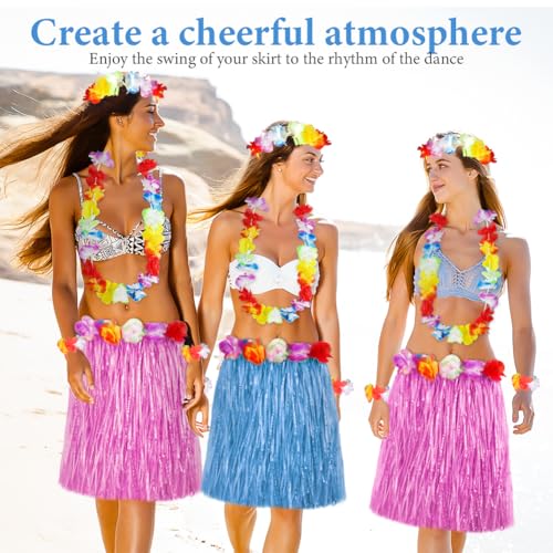 Aomig Hawaii Mottoparty Kostüme Set Rock, Hawaiian Gras Hula Rock Sets, 60cm Lange Hawaiianischer Grasrock mit Halskette Armbänder Haarblume Grasröcke für Cheerleading Strand Party Ostern (Blau)