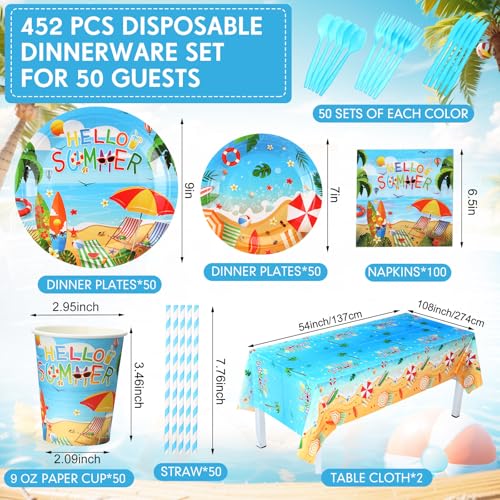 Image of Funnymoom 452 Pcs Hello Summer Plates and Napkins Beach Party Supplies for 50, Summer Beach Cup Tablecloth Cutlery Disposable Tableware for Hawaiian Tropical Luau Ocean Pool Birthday Party Decoration