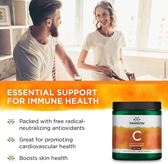 Swanson Vitamin C Powder 100% Pure Ascorbic Acid, Immune System Support, Skin Health, Cardiovascular Health, Antioxidant Supplement 1000 mg (per Serving) 1 lb. 454 g