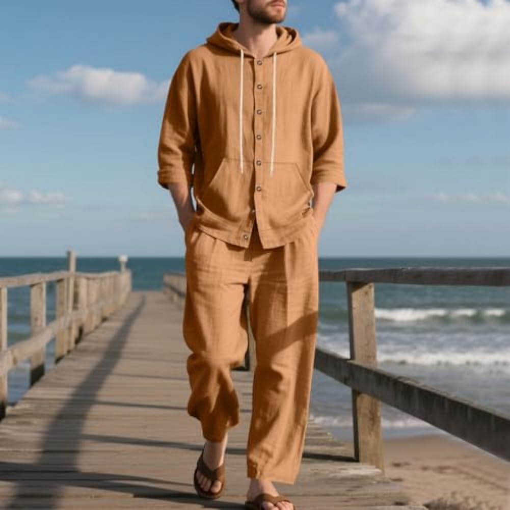 Men's Fashion Casual 2 Piece Solid Color Set, Hooded - Loose Fit Casual Button Shirts Long Pants Two-Piece Set