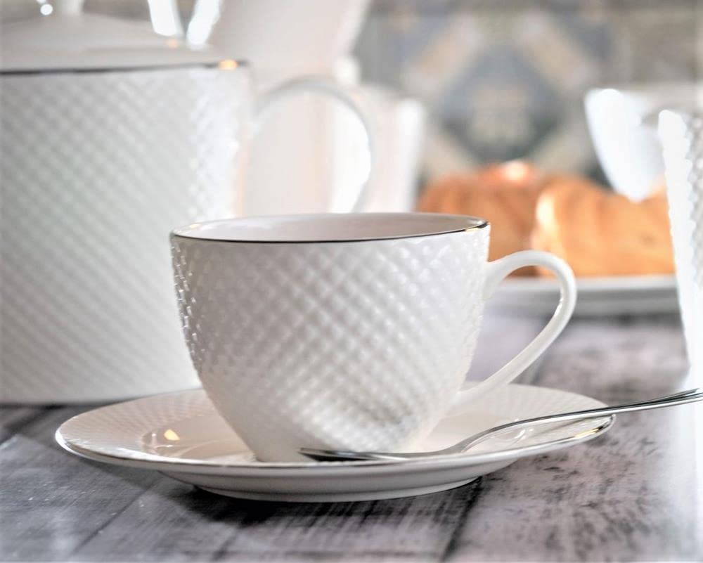 VILLA ITALIA Serwis kawowy porcelanowy na 6 osób Zestaw filiżanek Filiżanki, Talerzyki deserowe, Dzbanek, Cukiernica do kawy lub herbaty BARI PLATIN ES647