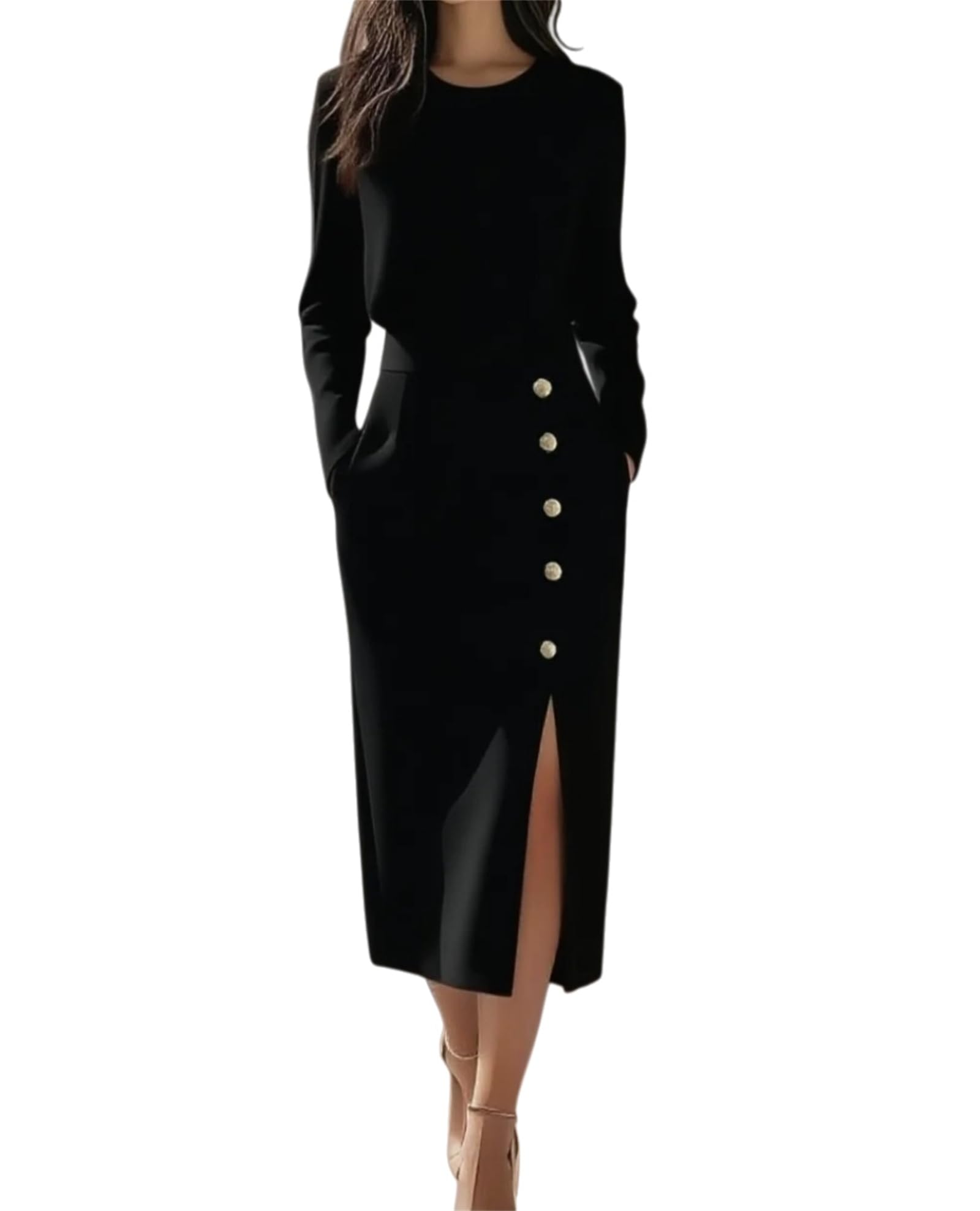Womens Solid Color Round Neck Fitted Waist Slit Long Sleeve Dress Womens Long Sleeve Pencil Slit Hem Bodycon